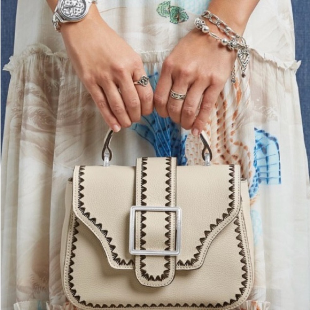 Brighton Beige Leather Top-Handle Satchel with Dark Contrast Stitching
